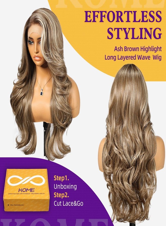 KOME Ash Brown Highlight Synthetic Lace Front Wig,13x4 HD Lace Layered Wave Glueless Wigs for Women Daily Use 26IN - Image 3